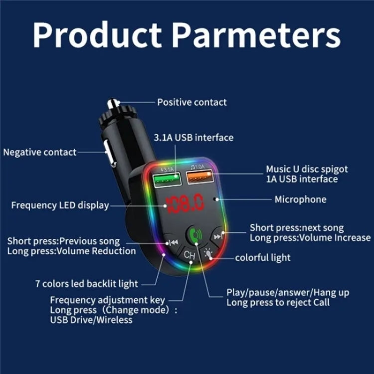 P5 Support U Disk Colorful Ambient Light Car Charger Digital Display Bluetooth Wireless Car MP3 Player, P5