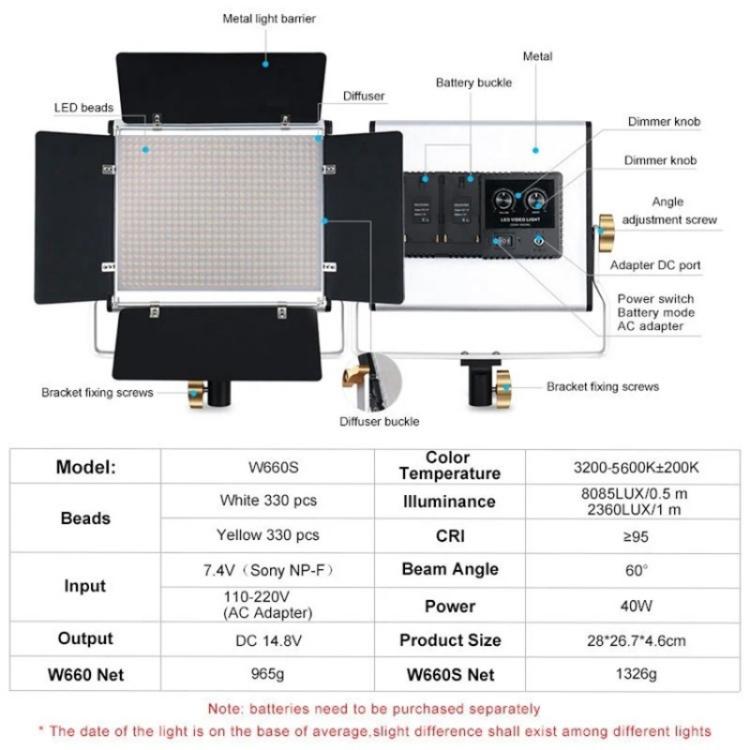 VLOGLITE W660S For Video Film Recording 3200-5600K Lighting LED Video Light with Tripod, US Plug, UK Plug, EU Plug