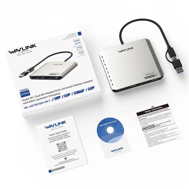 WAVLINK UG7501D 85W Upstream Charging 4 DP Converter 4K / 8K Display Adapter, UG7501D