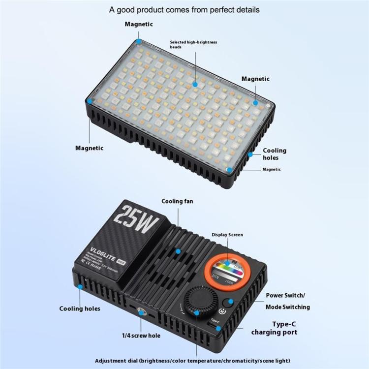 VLOGLITE K25RGB For Camera Photography Pocket Video Light 25W High Power RGB Fill Light, K25RGB