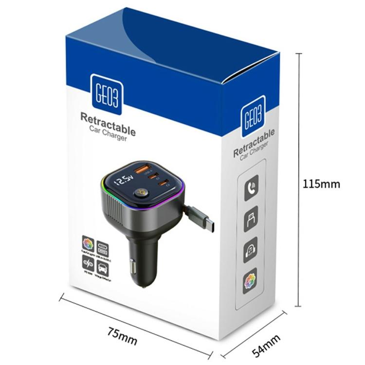 GE03 PD 65W Fast Charging Adapter Retractable Cable and Ambient Light Voltage Display Car Charger, GE03