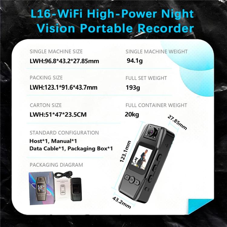 L16 WiFi With Infrared Night Vision Portable Outdoor Recorder HD Magnetic Clip-On Sports Camera, L16