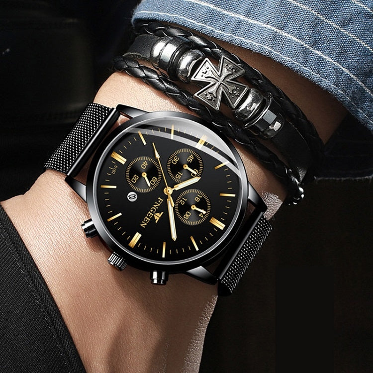 FNGEEN W5128 Men Three Eyes Subdial Luminous Quartz Watch Student Simple Watch, Black Leather Gold Shell Gold Surface, Black Leather Gold Shell Black Surface, Black Leather Gold Shell White Surface, All Black Surface Golden Nails