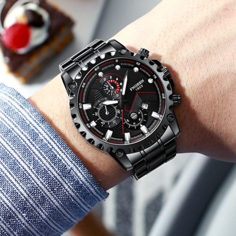 FNGEEN 5055 Men Waterproof Sports Fashion Stainless Steel Watch, Black Steel Black Surface, White Steel Black Surface, White Steel White Surface, Black Leather Black Steel Black Surface, Black Leather White Steel Black Surface