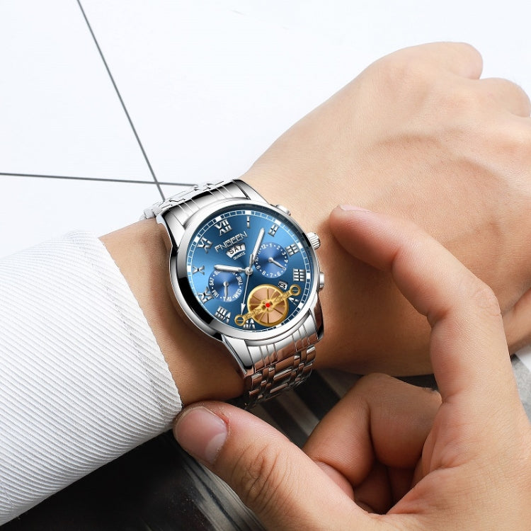 FNGEEN 4001 Men Non-Mechanical Watch Multi-Function Quartz Watch, Black Steel White Surface Gold Nails, Brown Leather Gold Black Surface