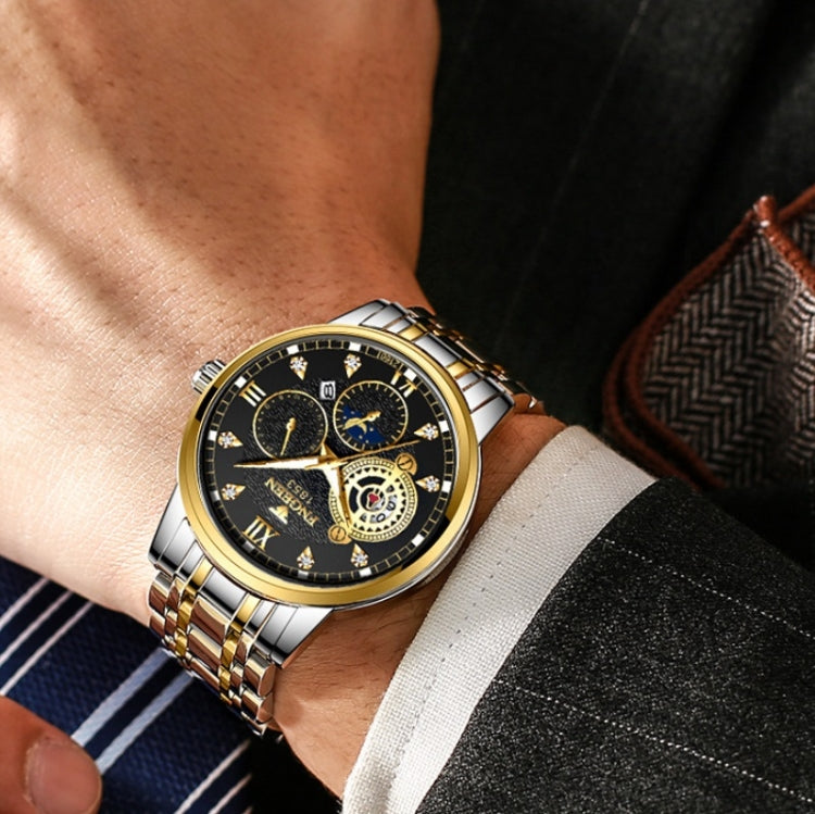 FNGEEN 2166 Men Three-eye Hollow Quartz Watch Student Sports Electronic Watch, Black Steel Black Surface Gold Nails, Between Gold Black Surface, Between Gold Blue Surface, Between Gold White Surface, White Steel White Surface, White Steel Blue Surface