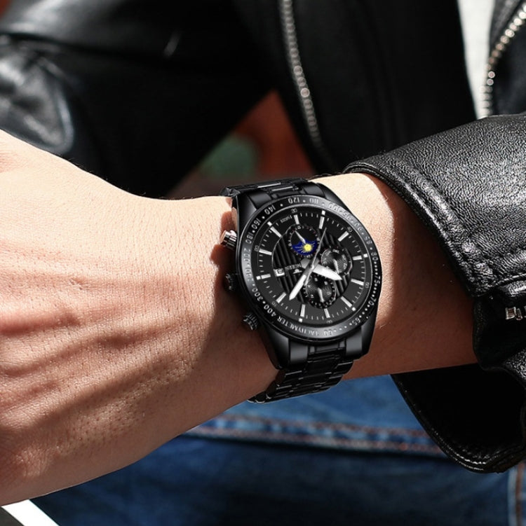 FNGEEN 5800 Men Three Eyes and Six Pins Watch Student Quartz Watch, Black Steel Black Surface, Black Steel White Surface, White Steel Black Surface, White Steel White Surface, Black Leather Black Steel Black Surface
