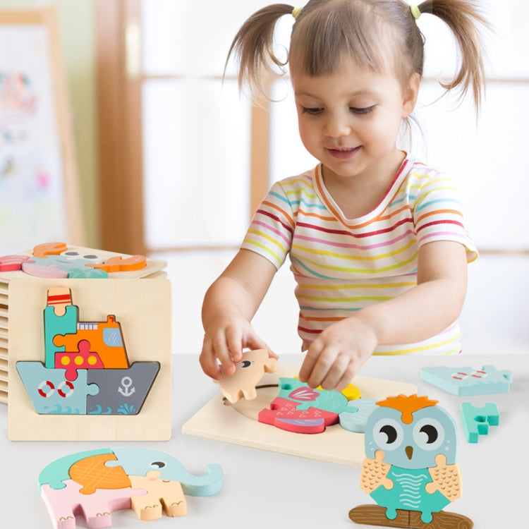 3 PCS Early Childhood Education Wooden Three-Dimensional Jigsaw Puzzle Toy, Excavator, Horse, Crab, Fish, Owl, Elephant, Airplane, Lion, Dirt Car, Frog, Police Car, Crocodile, Hedgehog, Rooster, Bulldozer, Ship, Y-Truck, Y-Owl, Y-Cattle, Y-Penguin, Y-C...