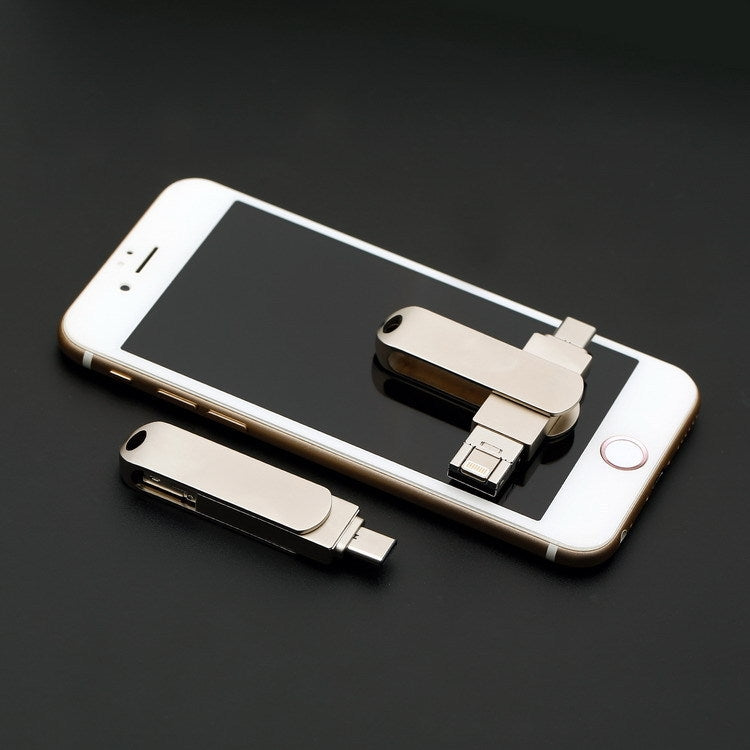 USB 3.0 + 8 Pin + USB-C / Type-C 3 in 1 Phone Computer Rotatable Metal U-Disk, 16GB, 32GB, 64GB, 128GB