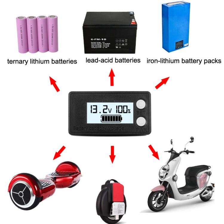 Waterproof LCD Two-wire Lead-acid Lithium Battery Digital Display Voltage Meter, 8-100V (White), 8-100V (Blue), 8-72V (White), 8-72V (Blue)