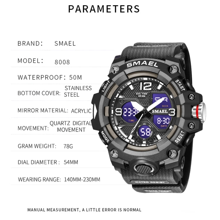 SMAEL 8008 Outdoor Sports Multifunctional Waterproof Luminous Men Watch, Red, Black, Orange, Fluorescent Green, Deep Blue, Grass Green, Black Gold, Rose Gold, Black Blue