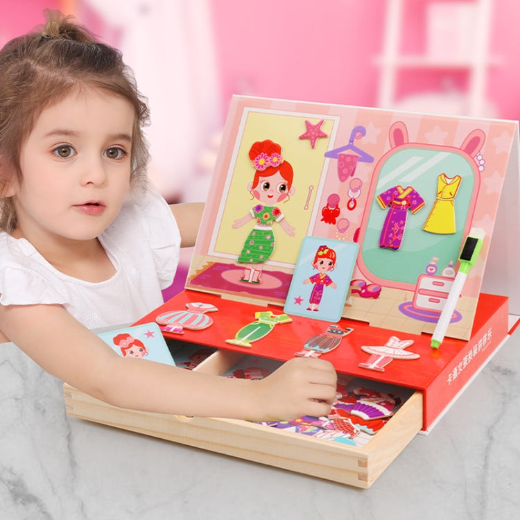 Drawer Type Double-sided Drawing Board Puzzle Magnetic Cartoon Dress Up Wooden Toys