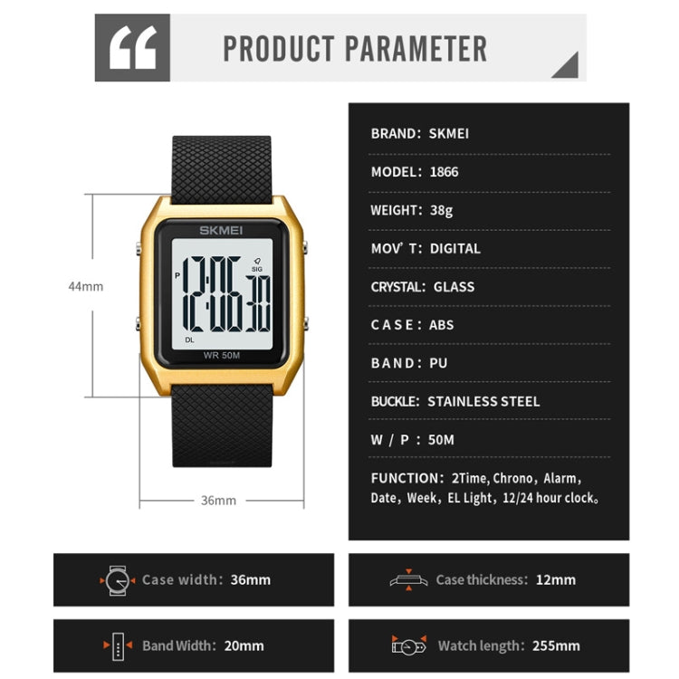 SKMEI 1866 Square Large Screen Men Steel Belt Multi-function Night Light Alarm Clock Watch, 1866, 1866 Rose Gold White Machine, 1866 Rose Gold Black Machine, 1866 Gold White Machine, 1866 Gold Black Machine, 1866 Silver White Machine