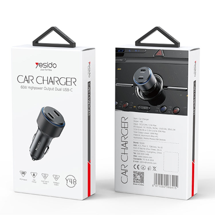 Yesido Y48 60W Car Fast Charger Aluminum Aluminum Double Type-C/USB-C Port Car Charger, Y48
