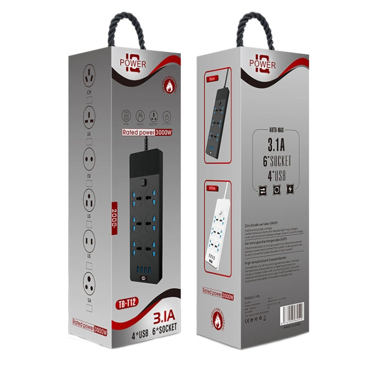 TB-T12 3000W 2m 4-USB Ports + 6-Jacks Multifunctional Flame-Retardant Socket With Switch, UK Plug, EU Plug, US Plug