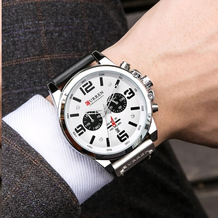 Curren 8314 Sports Six-Hand Waterproof Leather Strap Calendar Men Quartz Watch, Black Shell Khaki, Black Shell White, Black Shell Red, Black Shell Gray, White Shell White, White Shell Blue