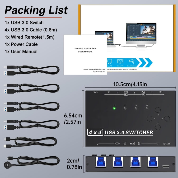 KC-KM434B USB3.0 4 Port USB Shared Device 4 Port Printer Sharing Device Keyboard Mouse Switch, KC-KM434B