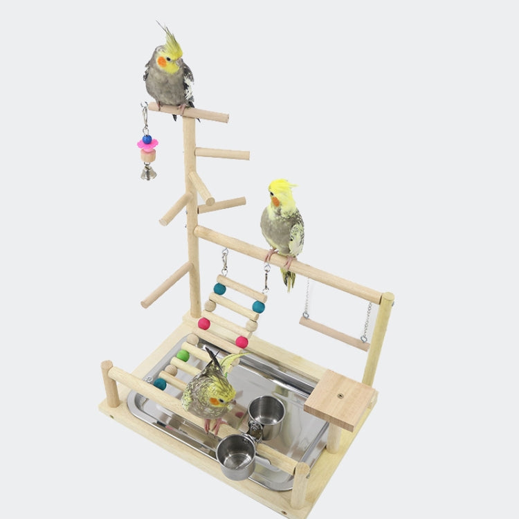 Bird Playground Parrot Playstand Perch Wooden Stand with Feeding Cups