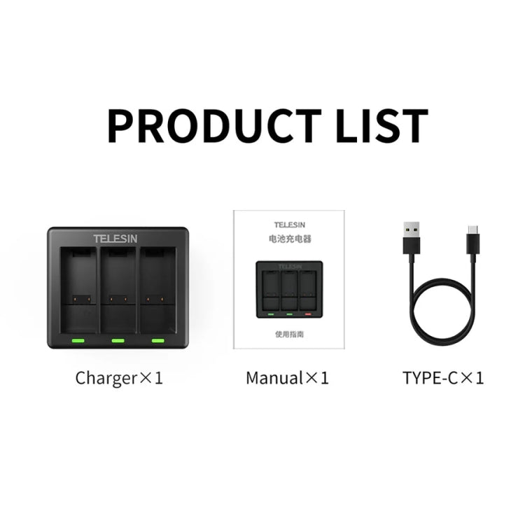 TELESIN GP-BCG-902 Battery 3 Slots Charger For GoPro HERO12 Black / HERO11 Black / HERO10 Black / HERO9 Black, GP-BCG-902