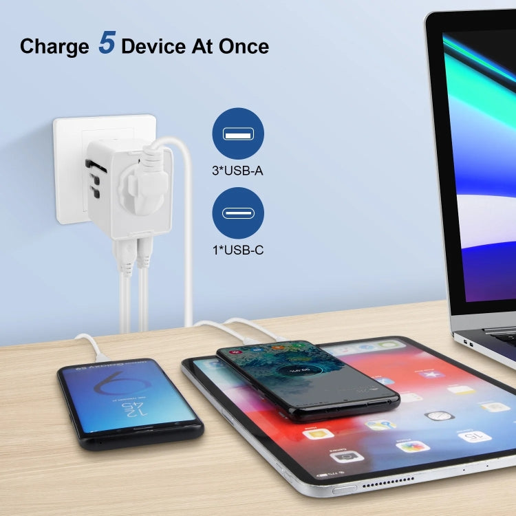3 x USB & 1 x USB-C / Type-C Travel Plug Adapter International Universal Charging Block, HHT520 Black, HHT520 White