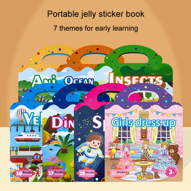 Kids Fun Toys Jelly Sticker Book Reusable Sticker Early Learning Baby Enlightenment Educational Toy, Ocean World, Vehicles, Dinosaur, Insect, Space, Animals, Girls Dress Up
