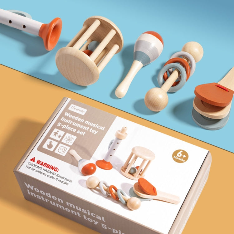 Wooden Baby Hand Grip Bells Rattles Musical Instruments Toddler Early Learning Pacifying Bed Bells Toys, Treehole 5pcs /Set
