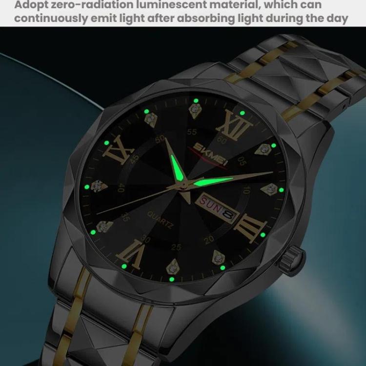 SKMEI Business Casual Watches Diamond Case Luminous Waterproof Quartz Watch, Men Silver Gold Strap Silver Dial, Men Silver Gold Strap Green Dial, Men Silver Gold Strap Black Dial, Men Silver Case Silver Dial, Men Silver Case Gray Dial