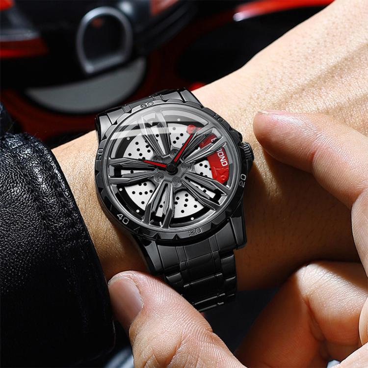BINBOND D001 3D Hollow Motorcycle Rotating Wheel Watch, Black Steel-Red, Black Steel-Green, White Steel-Red, White Steel-Green, Black Net-Black Steel-Red, Black Net-Black Steel-Green, White Net-White Steel-Red, White Net-White Steel-Green