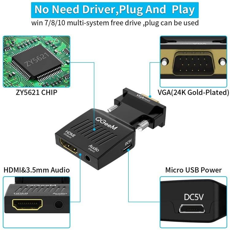 QGeeM VGA Male To HDMI Female Adapter With 5V Micro USB Power & Audio Transmission 1080P 60Hz