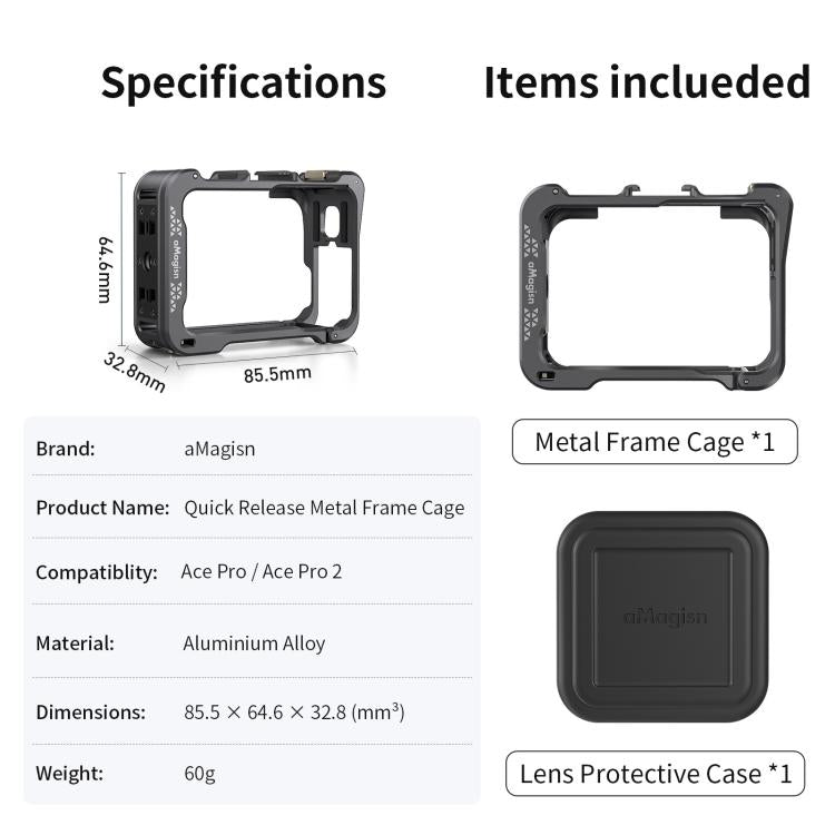 For Insta360 Ace Pro 2 / Ace Pro Camera AMagisn Quick Release Metal Cage Horizontal & Vertical Shooting Protective Frame