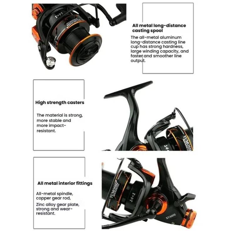 Dual Brake Long Cast Fishing Reel with Metal Spool 5.2:1 Gear Ratio, YUMOSHI KV3000, YUMOSHI KV4000, YUMOSHI KV5000, YUMOSHI KV6000