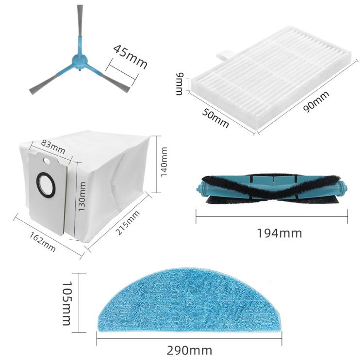 For Conga 8290 Robot Vacuum Replacement Parts, Main Brush, 2pcs /Pack Side Brush, 2pcs /Pack Mop Pad, 2pcs /Pack Dust Bag, 2pcs /Pack Filter