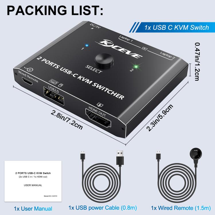 KCEVE KC-C201H 2 Type-C Input 1 Output KVM Switch Support 4K 60Hz, KC-C201H