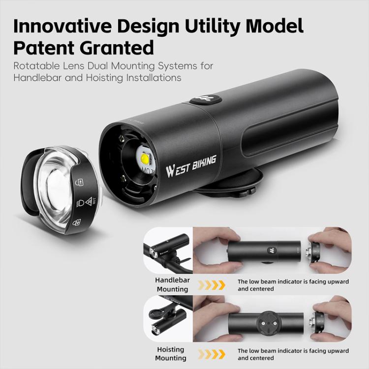 WEST BIKING Bicycle High-Brightness Rechargeable Headlight With Power Reminder Rotatable Function, 600 Lumens, 800 Lumens