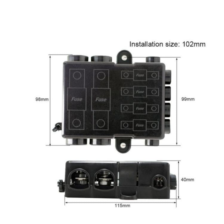 6-Way Automotive Fuse Block Box, 2-500A 32V DC, with 2 Input and 4 Output Terminals, Black, With 6 Fuses