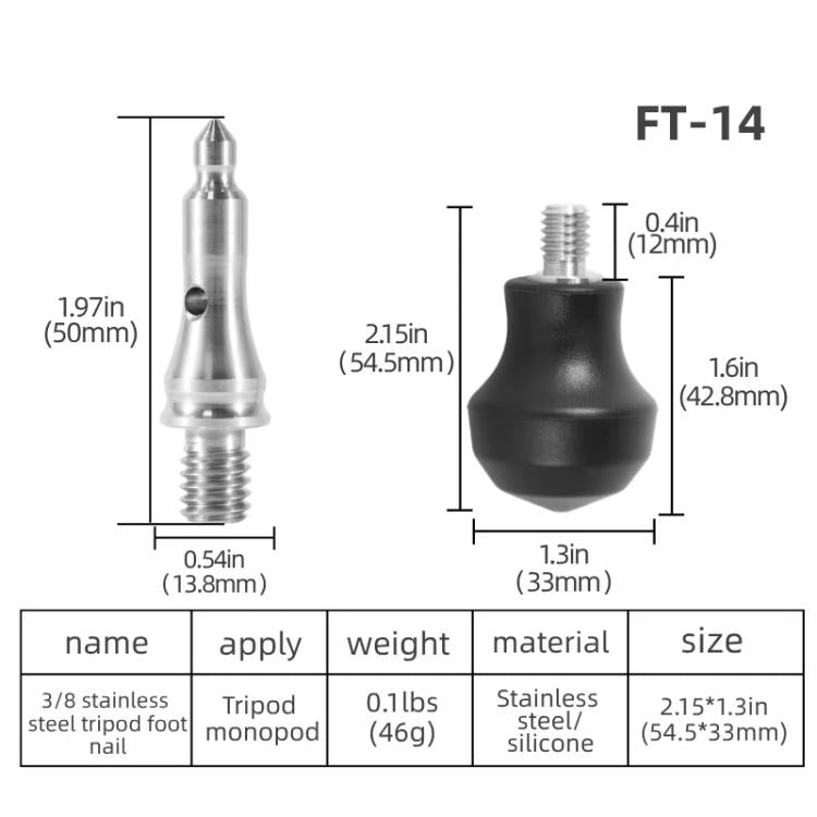 3/8 inch Tripod Monopod Dual Purpose Foot Pad Spike Rubber Anti-slip Stainless Steel Spike, FT-14
