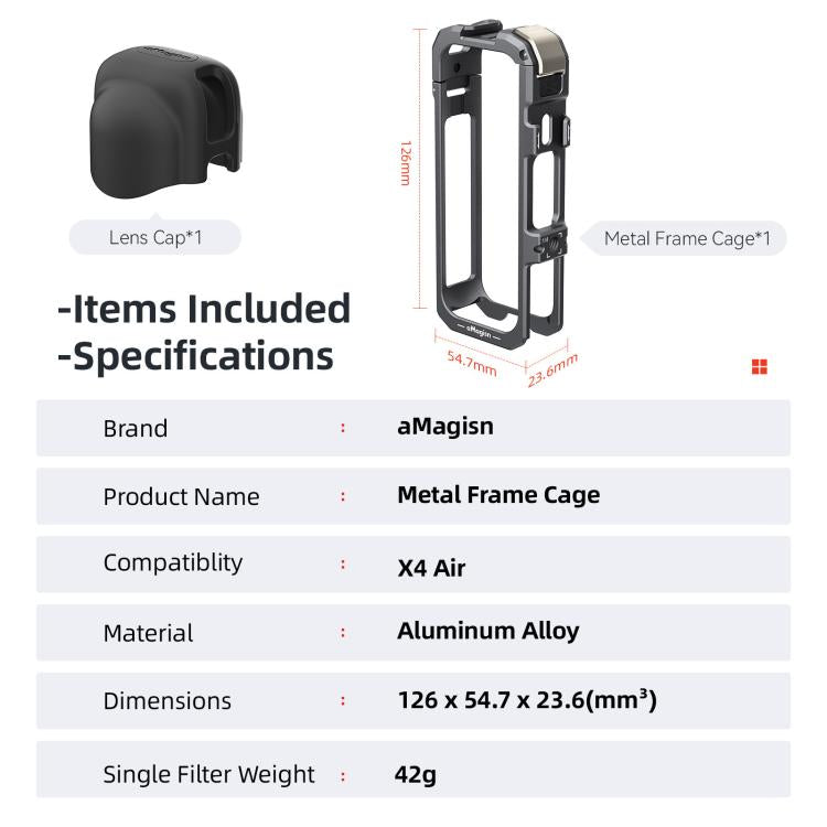 For Insta360 X4 Air aMagisn Quick-Release Metal Cage Wind Noise Reduction Expandable Frame with Lens Cap, Metal Cage