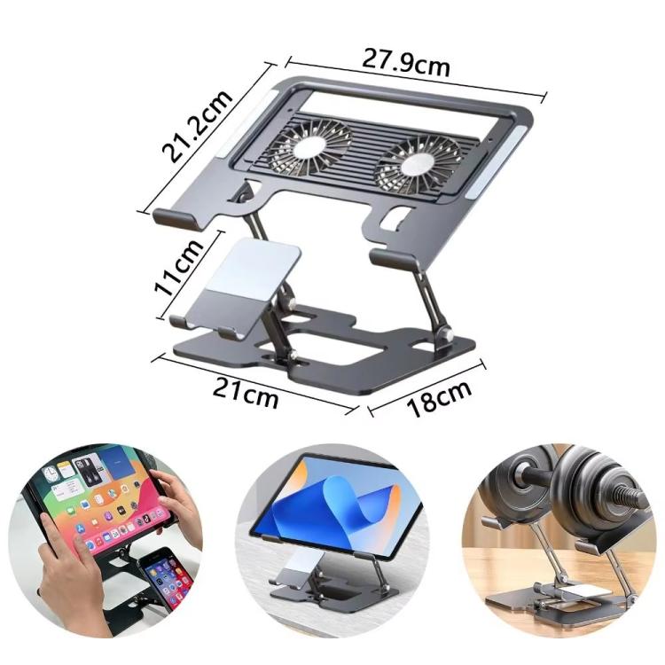 2-in-1 Foldable Laptop Tablet Stand Riser with Phone Holder, Fan Type Black