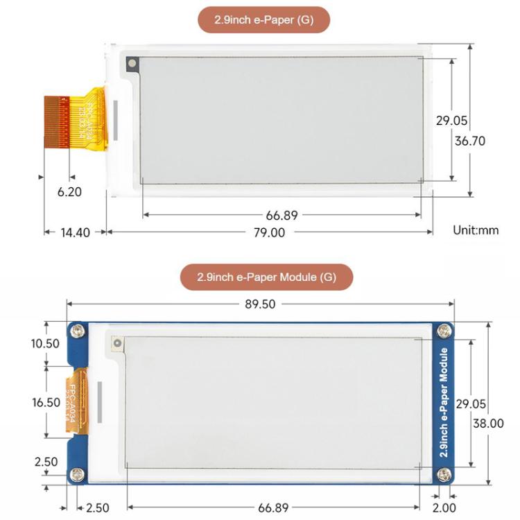 WAVESHARE 2.9inch E-Paper Display E-Ink Display, 296x128, Red/Yellow/Black/White, SPI Interface, Raw Display, With Driver Board