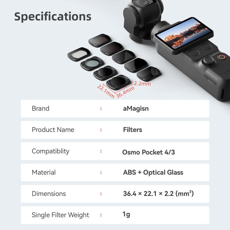 For DJI Osmo Pocket 4 / 3 aMagisn Magnetic Lens Filter, Adjustable CPL, VND 1-5 Stop, VND 6-10 Stop, Black Mist 1/4, ND4/16/64/256, ND1000