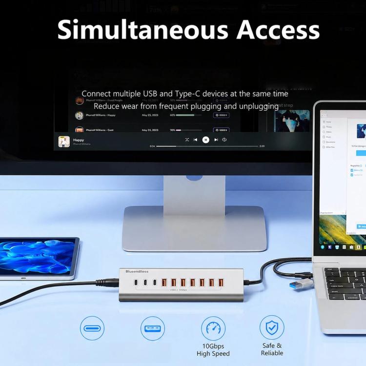 Blueendless TYPE-C Splitter 10Gbps Braided Cable Extension Hub, 15W USB3.2 x 4, 15W USB3.2 x 3+SD/TF3.0, 15W USB3.2 x 4+TYPE-C3.2 x 2+SD/TF3.0, 15W USB3.2 x 4+TYPE-C3.2 x 3, 36W USB3.2 x 7+TYPE-C3.2 x 3