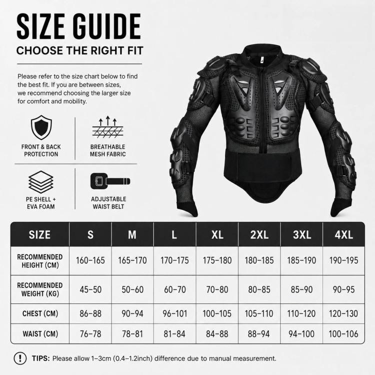 Motorcycle Body Armor Jacket Full Body Protective Gear with Removable Spine Back Protector, S, M, L, XL, XXL, XXXL, 4XL