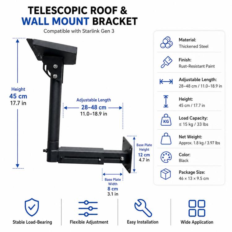 For Starlink Gen 3 Telescopic Roof Wall Mount Bracket Adjustable Angle Steel Pole, Telescopic Roof Wall Mount