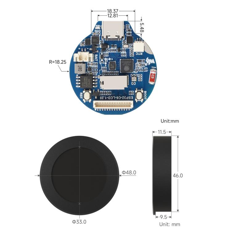 Waveshare ESP32-C6 1.28inch LCD Display Development Board, 240 × 240 Resolution, 65K Color, Without Case, With Metal Case