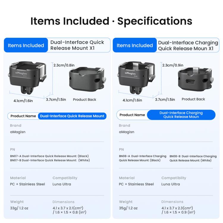 For Insta360 Luna Ultra aMagisn Dual-Interface Quick Release Adapter Mount, Standard Version Black, Standard Version White, Charging Version Black, Charging Version White