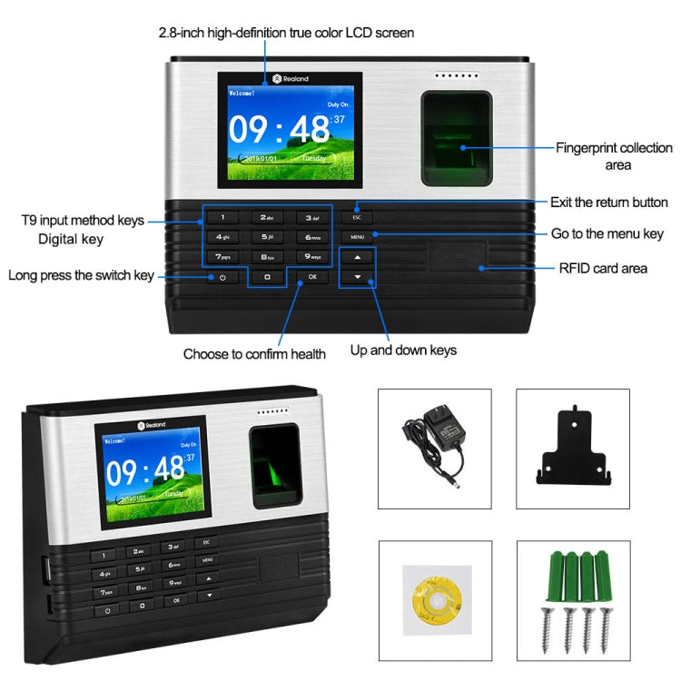 Realand AL355+ Fingerprint Time Attendance with 2.8 inch Color Screen & ID Card Function & WiFi & Access Control Function, AL355+
