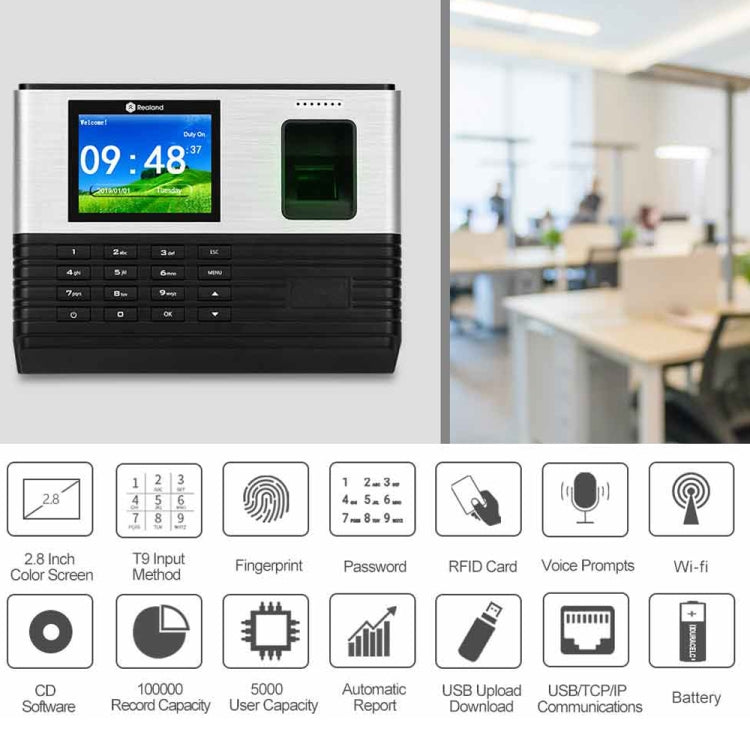 Realand AL355+ Fingerprint Time Attendance with 2.8 inch Color Screen & ID Card Function & WiFi & Access Control Function, AL355+