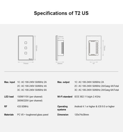 Sonoff T2 Touch 120mm Tempered Glass Panel Wall Switch Smart Home Light Touch Switch, Compatible with Alexa and Google Home, AC 100V-240V, US Plug, 120mm/ 1 US Plug