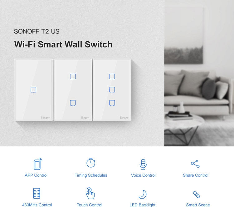 Sonoff T2 Touch 120mm Tempered Glass Panel Wall Switch Smart Home Light Touch Switch, Compatible with Alexa and Google Home, AC 100V-240V, US Plug, 120mm/ 1 US Plug