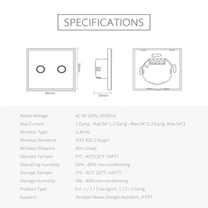 NEO NAS-SC02W Wireless WiFi EU Smart Light Control Switch 2Gang, 2 Gang